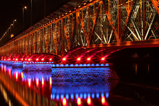 Illuminated bridge in Plock, Poland
