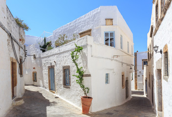Fototapeta na wymiar The small streets in the town of Chora on the Greek Holy Island of Patmos belongs to the Dodecanese in the Aegean Sea