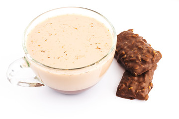 cup of hot chocolate and cookies on white background