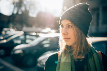 Portrait of young beautiful hipster sporty blonde woman, overloo