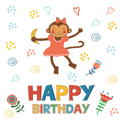 Stylish Happy birthday card with cute monkey playing and having