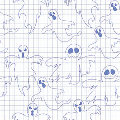 Seamless pattern with ghosts in notebook. Print for Halloween. 