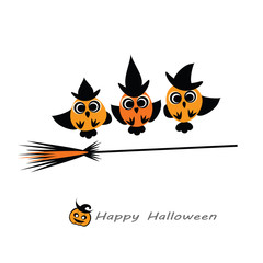 Halloween vector illustration - Owl Witches in hats flying on broom. Cute Halloween owlets flat silhouettes for your design. Halloween card template. Eps 10. Isolated on white.