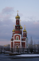 Christmas Cathedral closeup in evening light, Omsk, Russia