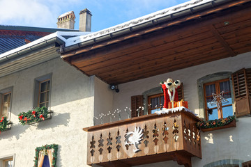Beautiful Christmas decoration of the town of Gruyeres by day