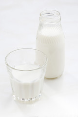 bottle and glass of milk on a white background, vertical