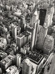 Black and white aerial view of midtown Manhattan in New York