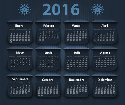 Calendar 2016 year vector design template in Spanish.