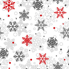 Seamless pattern of snowflakes, red and gray on white