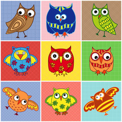 Nine amusing owls over square seamless patterns