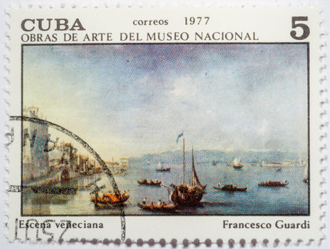 CUBA - CIRCA 1977: A stamp printed in Cuba shows image of artist Francesco Guardi "Scene Venece", series, circa 1977