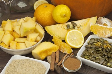 Homemade pumpkin jam and cinnamon. Sweet children's menu. Preserving domestic products. Processing pumpkins, autumn harvest time. 
