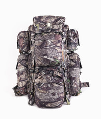 hiking backpack for hunters camouflage with side pockets on a wh