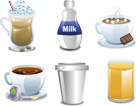 Illustration of six different coffee and breakfast beverages.