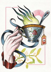 tattoo illustration flaming tea