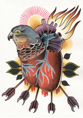 tattoo illustration heart hawk flaming with arrows