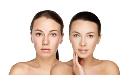 comparison portraits beautiful girl with and without nude makeup, before and after. left clean face...