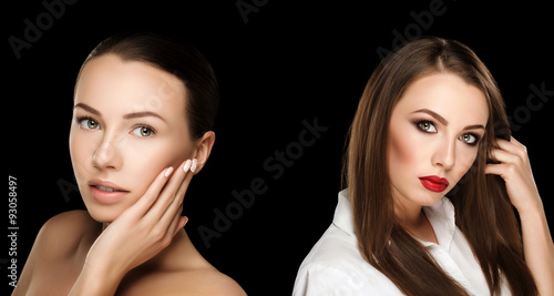 Comparison Portraits Beautiful Girl With Hands At Face With And