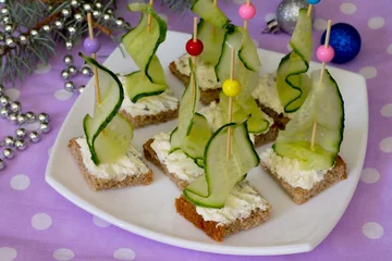 Zelfklevend Fotobehang Appetizer canape sandwich with cucumber and cheese curd © elena_hramowa