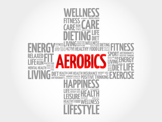 Aerobics word cloud, health cross concept