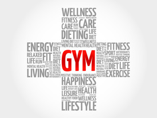 Gym word cloud, health cross concept