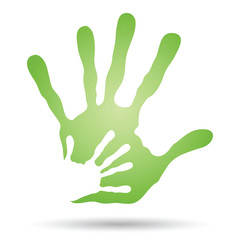 Vector conceptual mother and child green hand print isolated