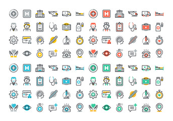 Flat line colorful icons set of healthcare and medicine, medical services and support, health care facility, emergency medical services, transport of patients, diagnosis, treatment and laboratory.