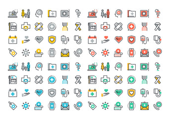 Flat line colorful icons collection of healthcare services, online medical support, health insurance, pharmacy and family health care, disease prevention