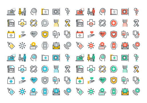 Flat line colorful icons collection of healthcare services, online medical support, health insurance, pharmacy and family health care, disease prevention