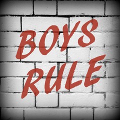 The words Boys Rule in red text on a brick wall background processed in black and white for effect