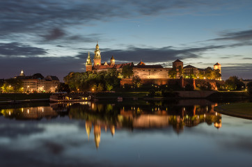 Wawel Castle and Wawel cathedral seen from the Vistula boulevards in the morning