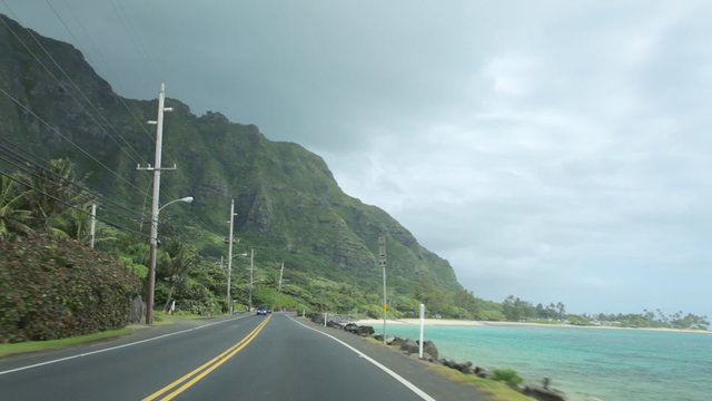 Driving POV clip on Kamehameha Highway along the beautiful windward northeast shore of Oahu, Hawaii.