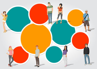 Template for advertising brochure with a group of fashion cartoon young people. Teenagers.
