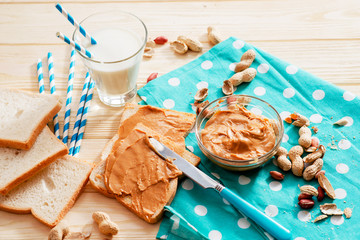 peanut butter sandwich with milk and peanuts on the wooden background