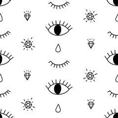 Abstract pattern with open and winking eyes, diamonds, tears. Cute trendy background. Seamless pattern for wallpapers, pattern fills, web backgrounds, surface textures, textile.