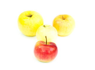 One red apple in front of group yellow apples