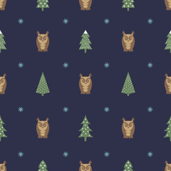 Fototapeta premium Winter pattern - varied Xmas trees, owls and snowflakes. Simple seamless Happy New Year background. Vector design for winter holidays on blue background. Child drawing style trees.