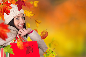 Beautiful woman holding shopping bags, buying in autumn season.