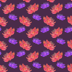 Red and pink lotus. Seamless pattern with cosmic or galaxy
