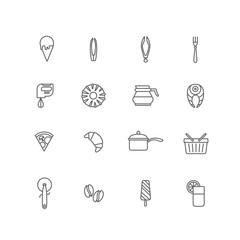 Food lineart vector icons: kitchen ice cream spoon pizza mixer