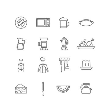 Kitchen stuff kitchenware cooking food lineart vector icons