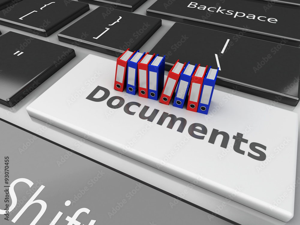 Poster 3d file cabinet with folders on the computer keyboard