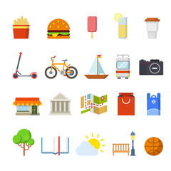 City navigation travel web app vector icons: restaurant map tram