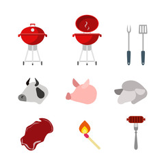 Meat grill barbecue flat vector food icons: wheal pork lamb