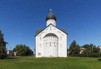 Old Russian Orthodox church of the Transfiguration on Ilyina in Novgorod on a summer day