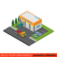Fototapeta premium Flat isometric auto car repair service building vector concept