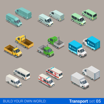 Flat Vector 3d Freight Cargo Transport: Car Truck Van Ambulance