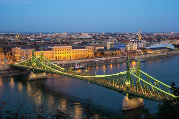 Landscape with the Liberty Bridge in the evening in Budapest, Hu