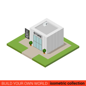 Computer electronics store shop flat isometric vector building