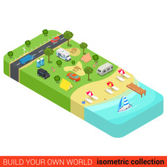 Vacation holiday beach camping flat 3d isometric vector building